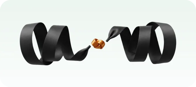 Render of two coiled black satin ribbons pulled apart, their cut ends stopping short of a small copper knot suspended in the gap — a reconciliation break.